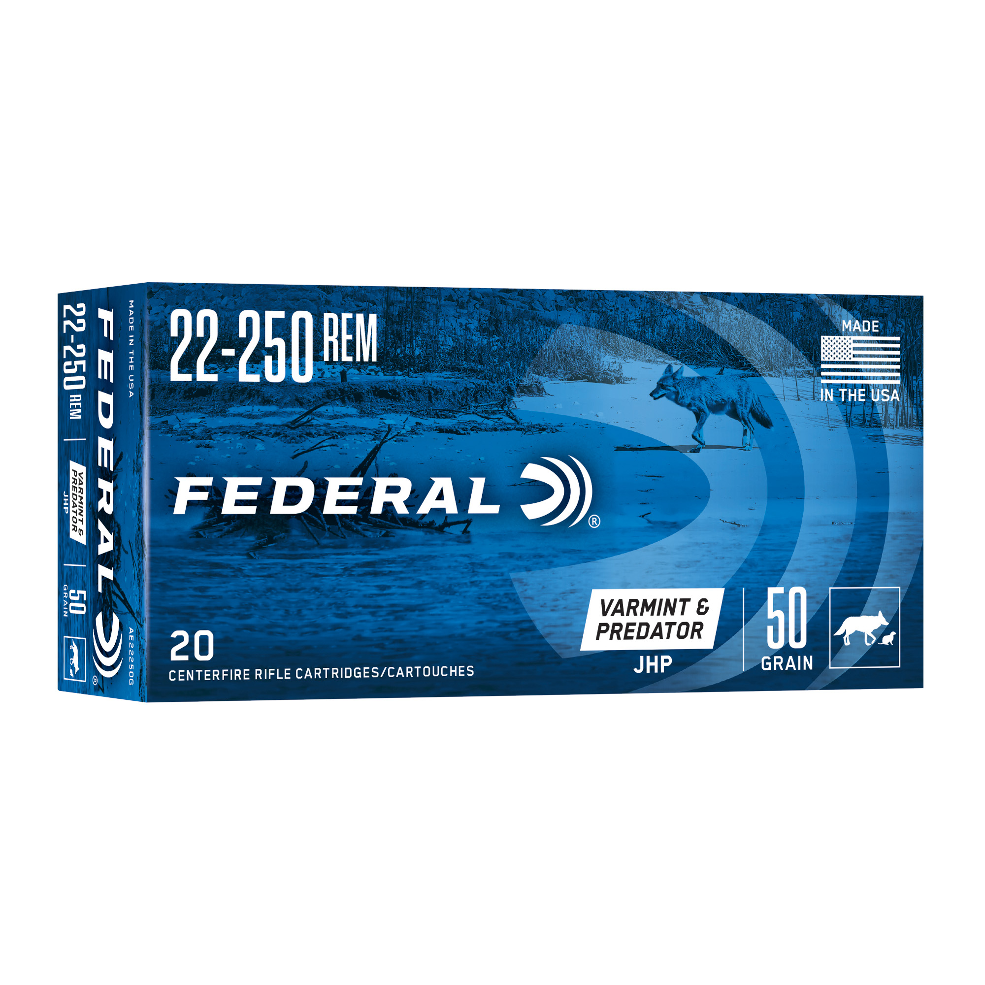 Federal American Eagle 22-250 50 Grain JHP 20/200 bulk ammo product image