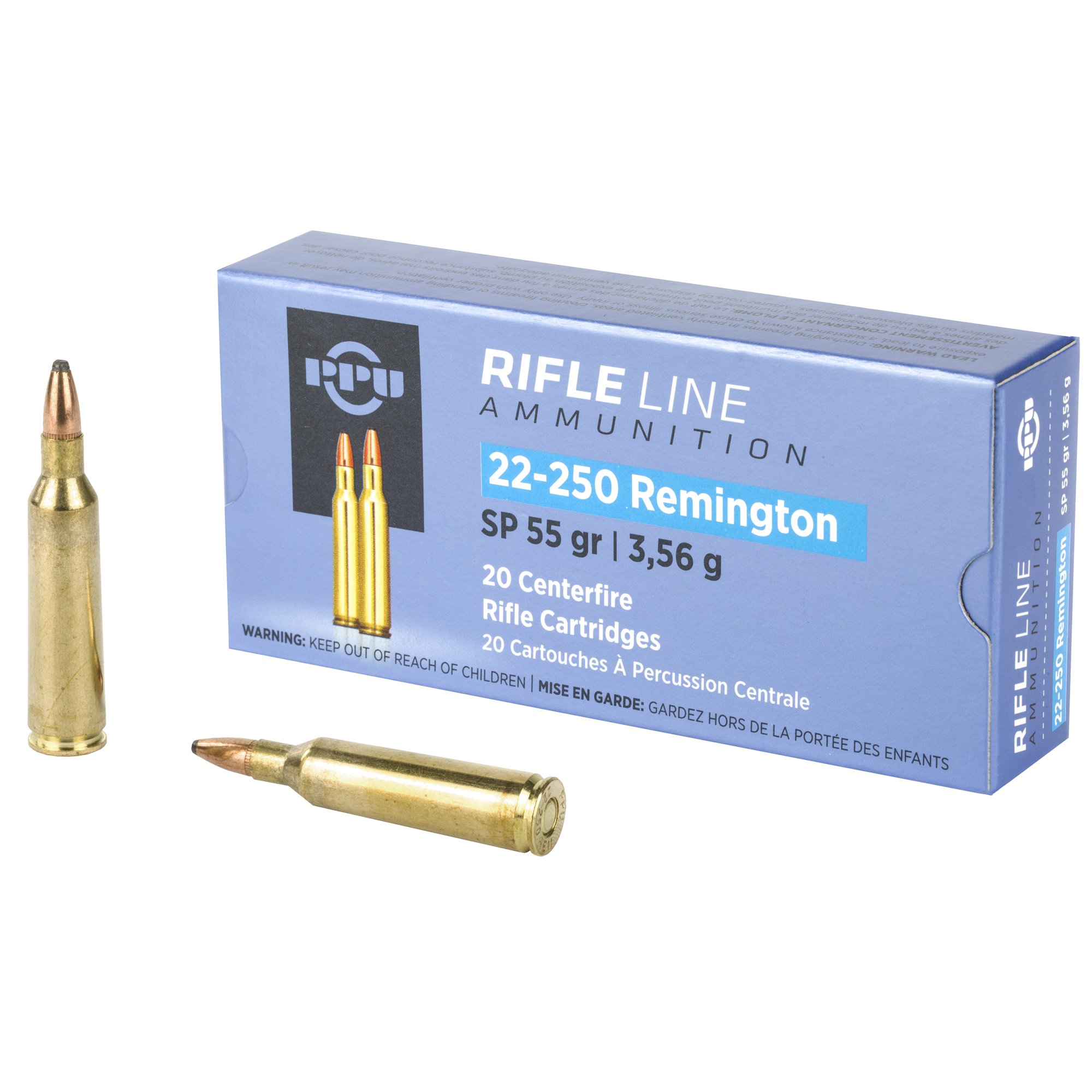 PPU 22-250rem SP 55 Grain 20/200 bulk ammo product image