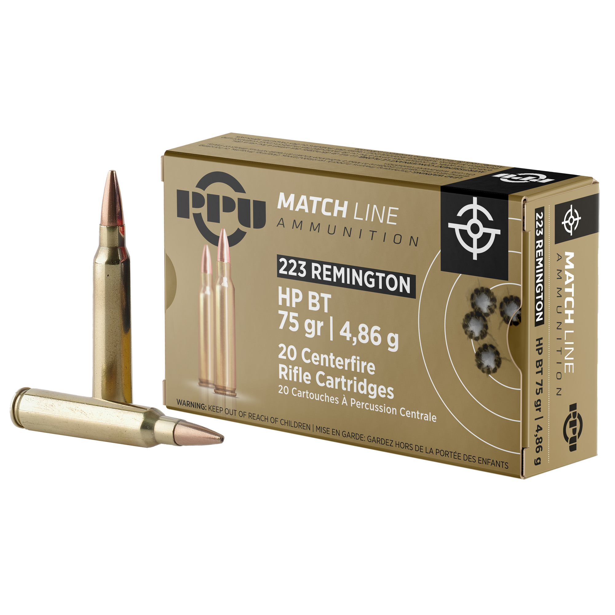 PPU .223 Rem Match 75 Grain HPBT 20/1000 bulk ammo product image