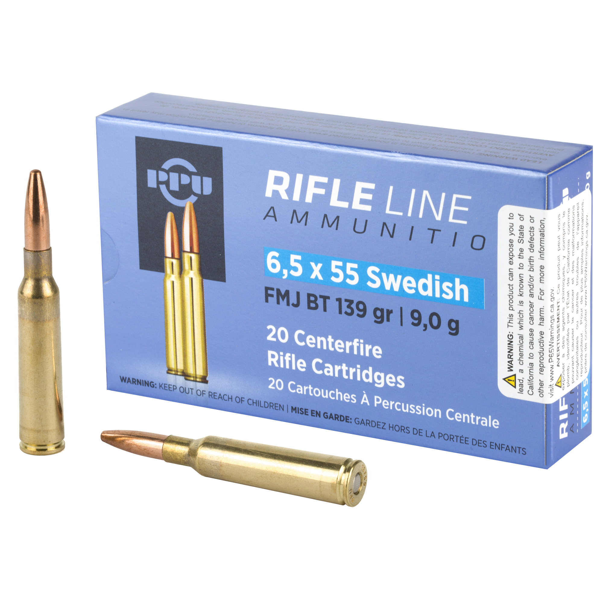 PPU 6.5×55 Swedish FMJ 139 Grain 20/200 bulk ammo product image
