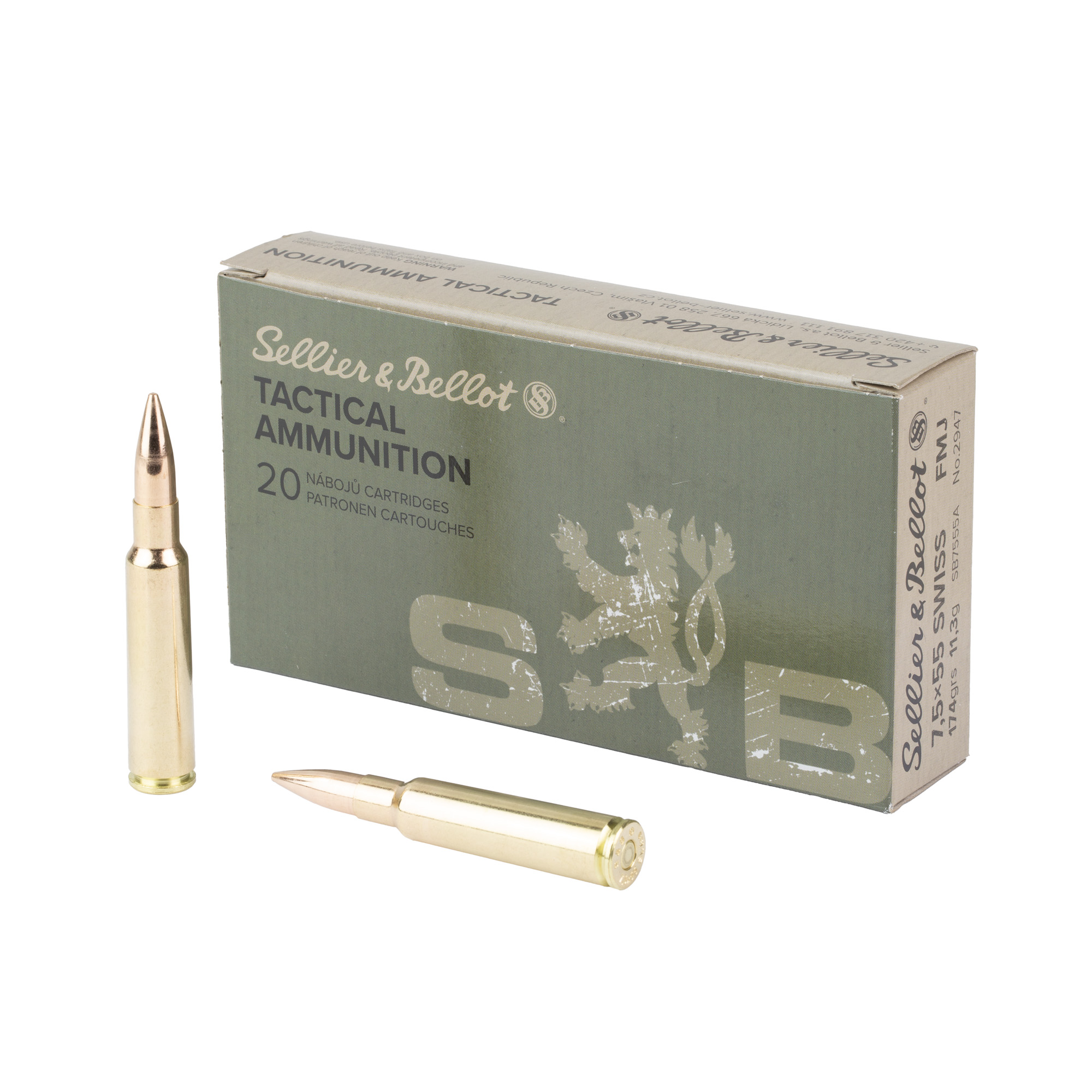 S&B 7.5×55 Swiss 174 Grain FMJ 20/400 bulk ammo product image