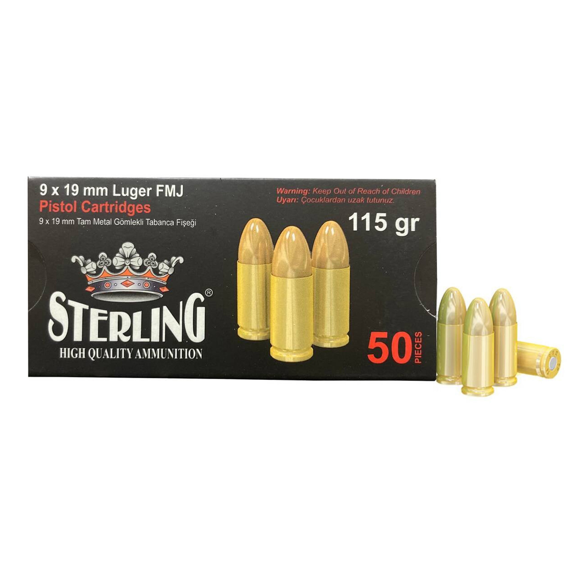 Sterling 9mm 115 Grain FMJ Brass 50/1500 bulk ammo product image