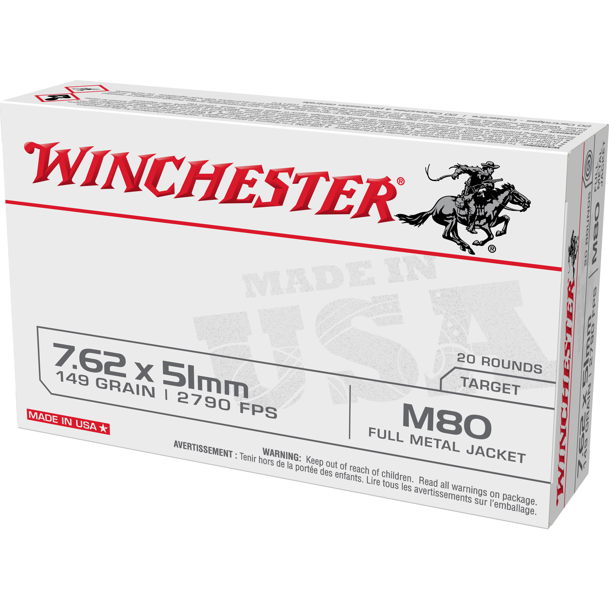 Winchester 7.62×51 M80 149 Grain FMJ 20/500 bulk ammo product image